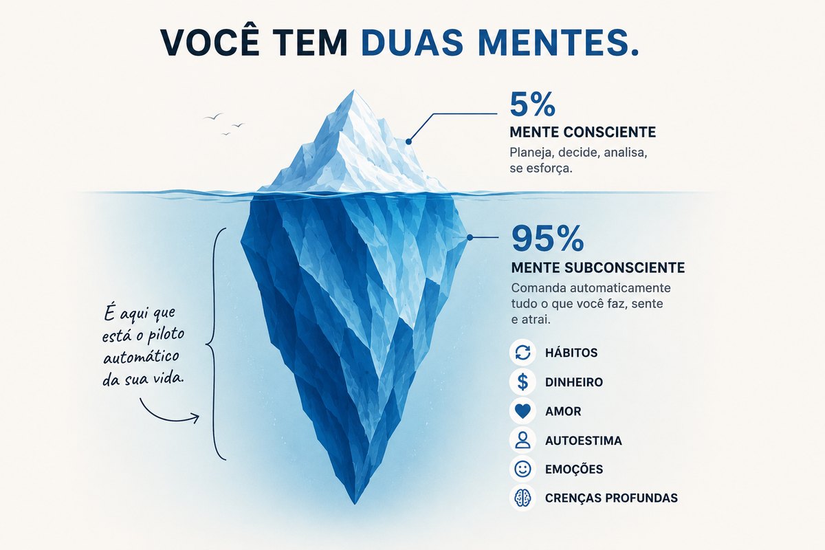 Você tem duas mentes: 5% consciente que planeja e decide, e 95% subconsciente que comanda hábitos, dinheiro, amor e crenças — o piloto automático da sua vida
