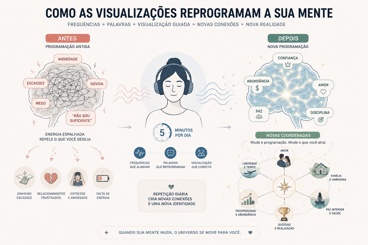 Como as visualizações reprogramam a mente: frequências, palavras e visualização guiada, 5 minutos por dia, trocam a programação antiga por uma nova realidade